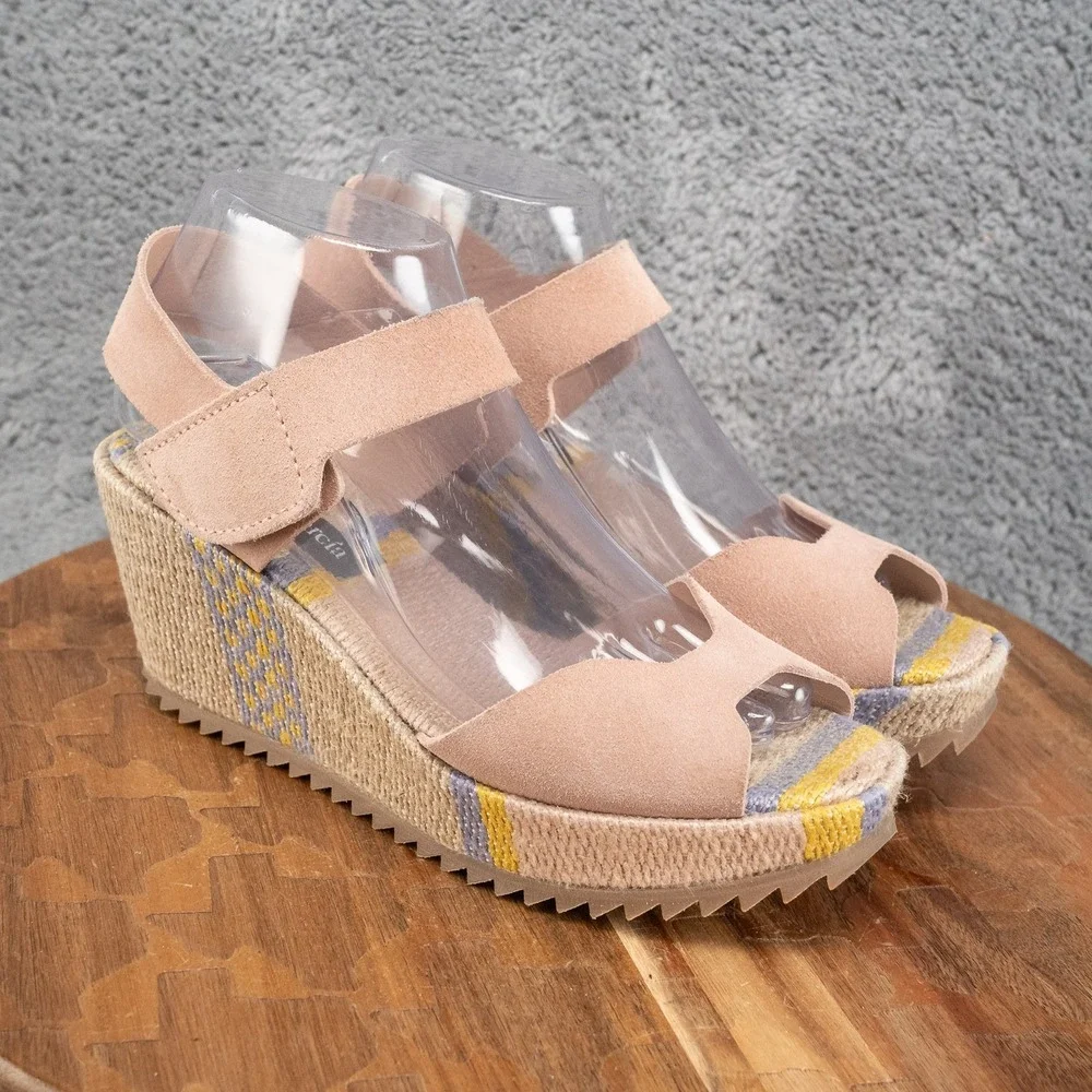 Pedro Garcia Leather Suede Wedge Sandals Ankle Strap Multi Color Sz 38 US 8